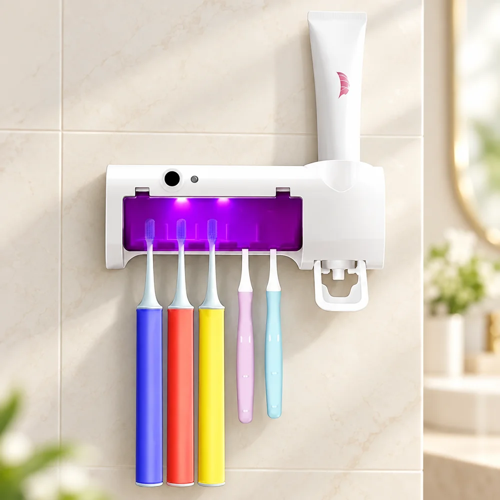 Ультрафиолетовый стерилизатор зубных щеток BRUSH STERILIZER / Держатель для зубных щеток и дозатором зубной пасты